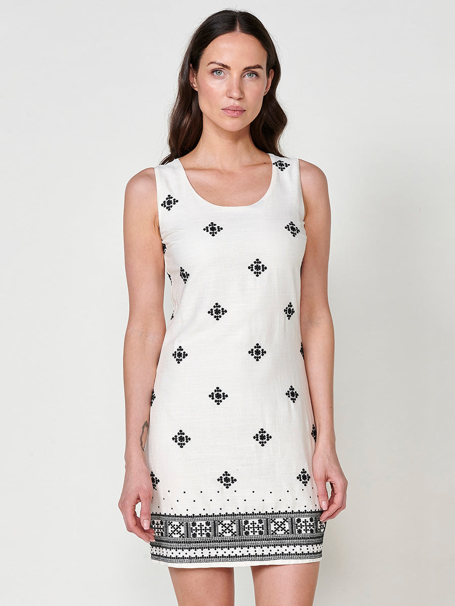 Vestido Mujer corto de tirantes con cenefa étnica – Koroshi crudo