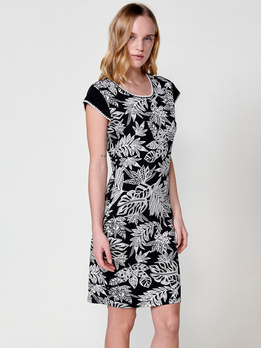 Vestido Mujer corto estampado tropical con bordado – Koroshi negro