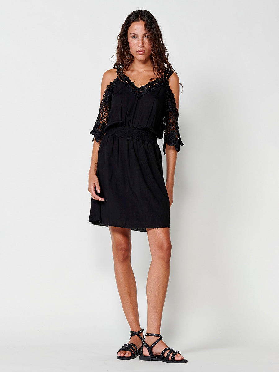 Vestido Mujer corto de viscosa con blonda – Koroshi negro