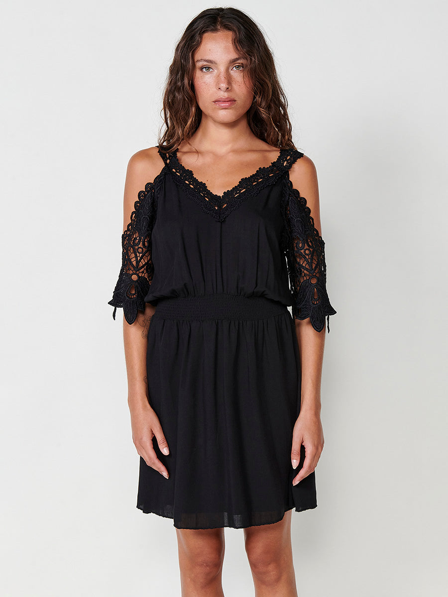 Vestido Mujer corto de viscosa con blonda – Koroshi negro