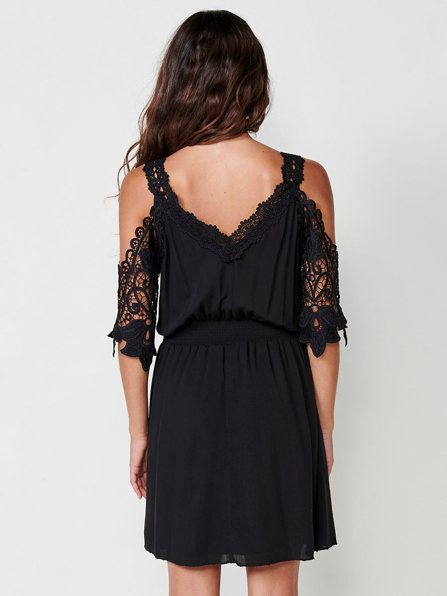 Vestido Mujer corto de viscosa con blonda – Koroshi negro