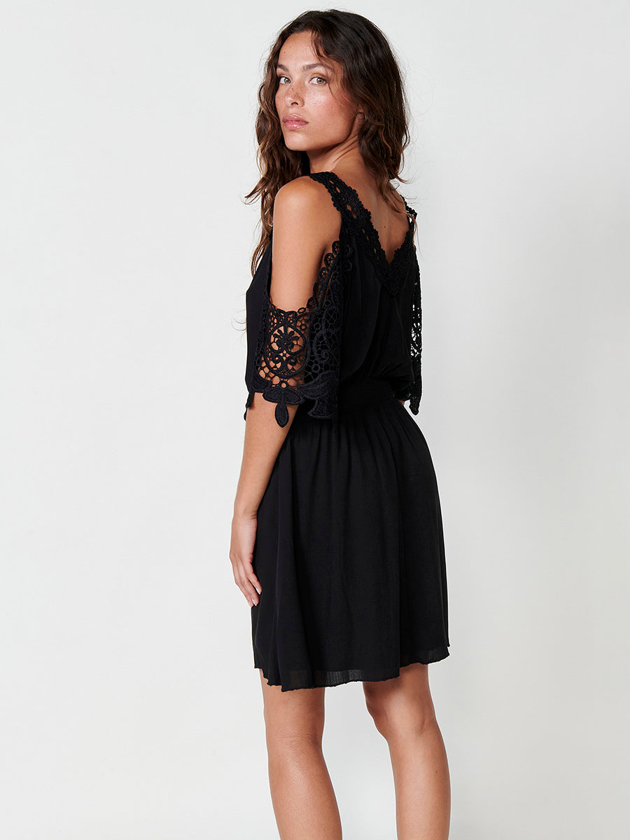 Vestido Mujer corto de viscosa con blonda – Koroshi negro