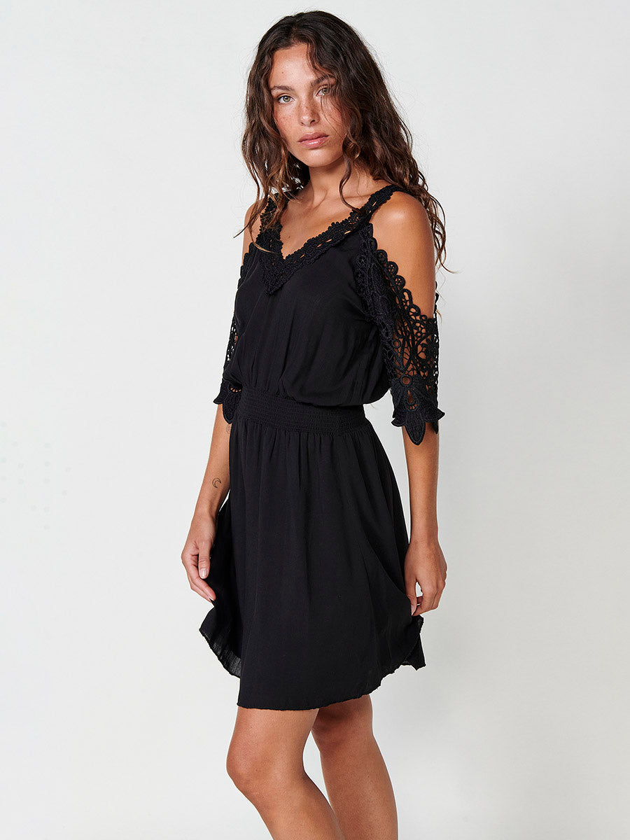 Vestido Mujer corto de viscosa con blonda – Koroshi negro