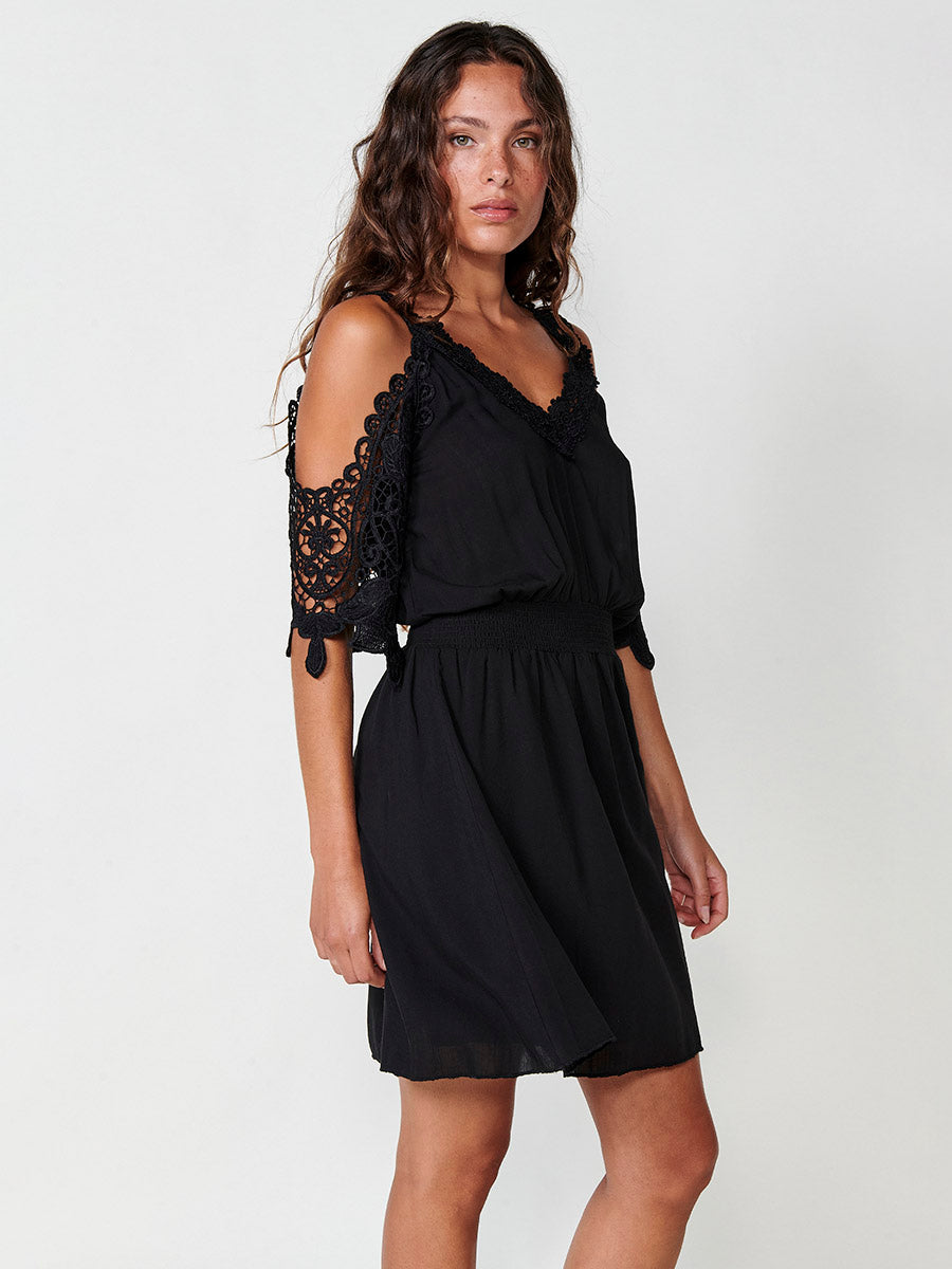 Vestido Mujer corto de viscosa con blonda – Koroshi negro