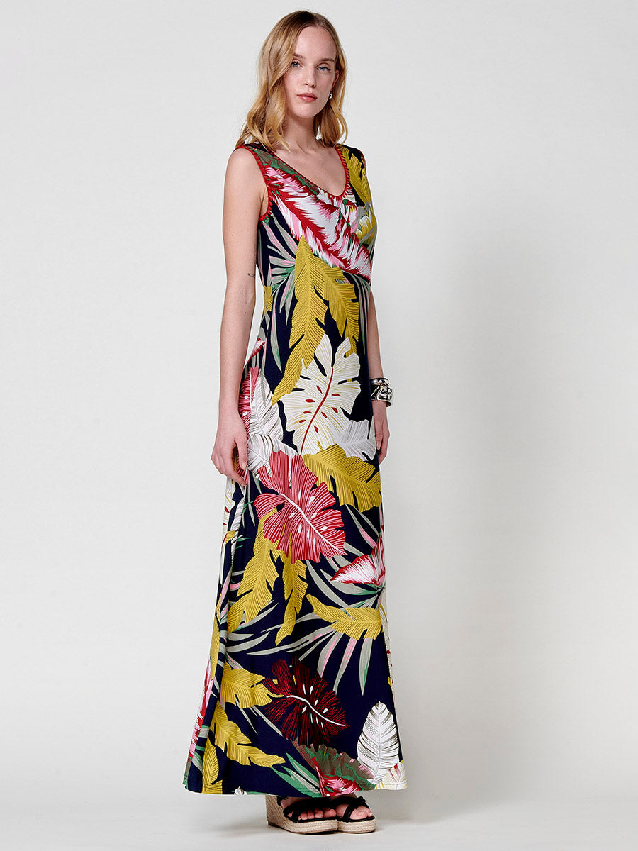 Vestido Mujer largo de tirantes estampado tropical – Koroshi 2512VS32