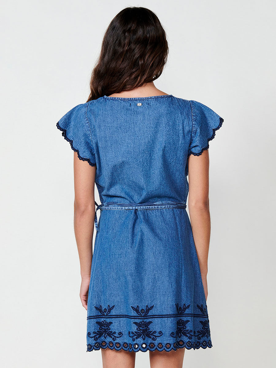 Vestido Mujer corto chambray con bordado floral – Koroshi azul denim