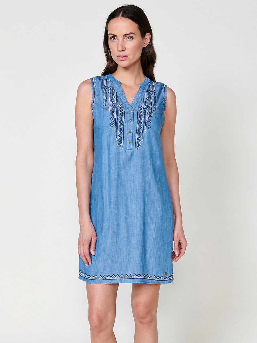 Vestido Mujer efecto denim sin mangas con bordado étnico – Koroshi azul denim
