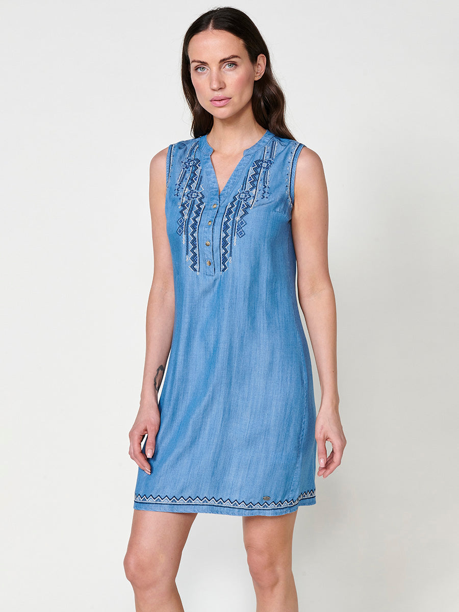 Vestido Mujer efecto denim sin mangas con bordado étnico – Koroshi azul denim