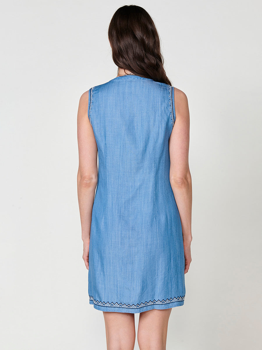 Vestido Mujer efecto denim sin mangas con bordado étnico – Koroshi azul denim
