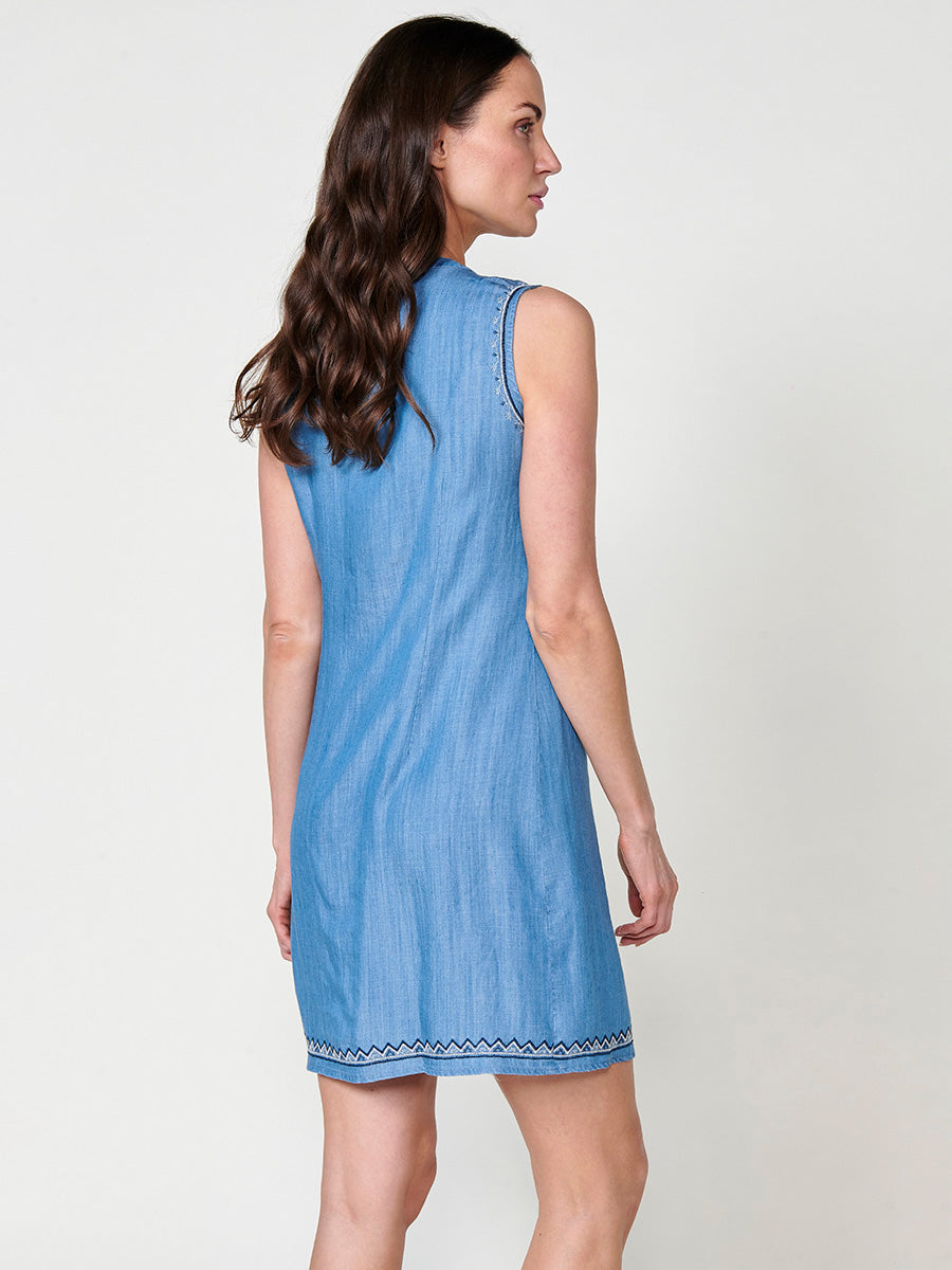 Vestido Mujer efecto denim sin mangas con bordado étnico – Koroshi azul denim