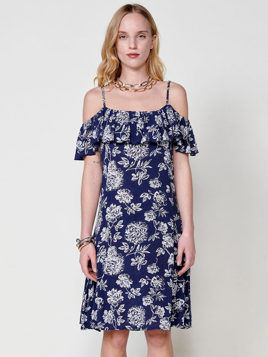 Vestido Mujer corto de viscosa estampado floral con volante – Koroshi azul marino