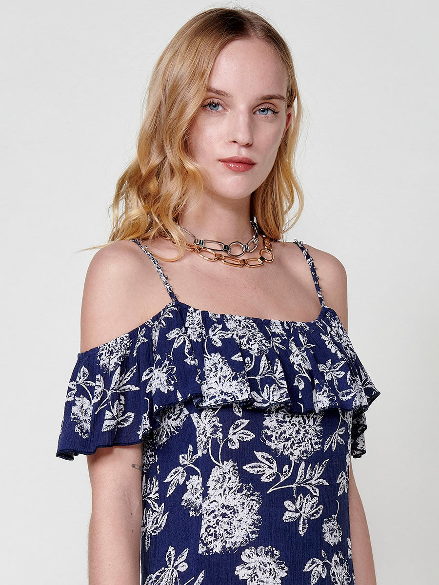 Vestido Mujer corto de viscosa estampado floral con volante – Koroshi azul marino