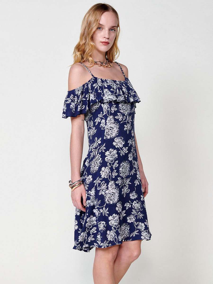 Vestido Mujer corto de viscosa estampado floral con volante – Koroshi azul marino