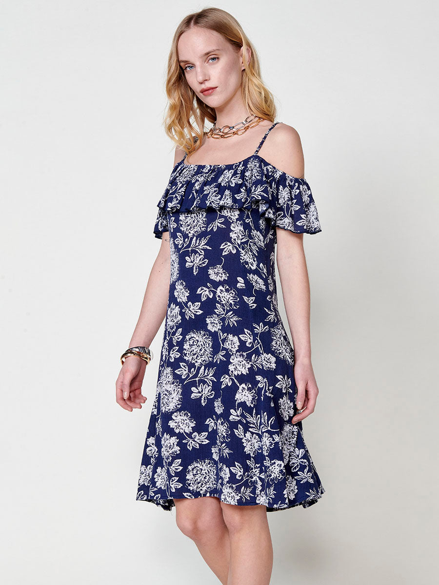 Vestido Mujer corto de viscosa estampado floral con volante – Koroshi azul marino