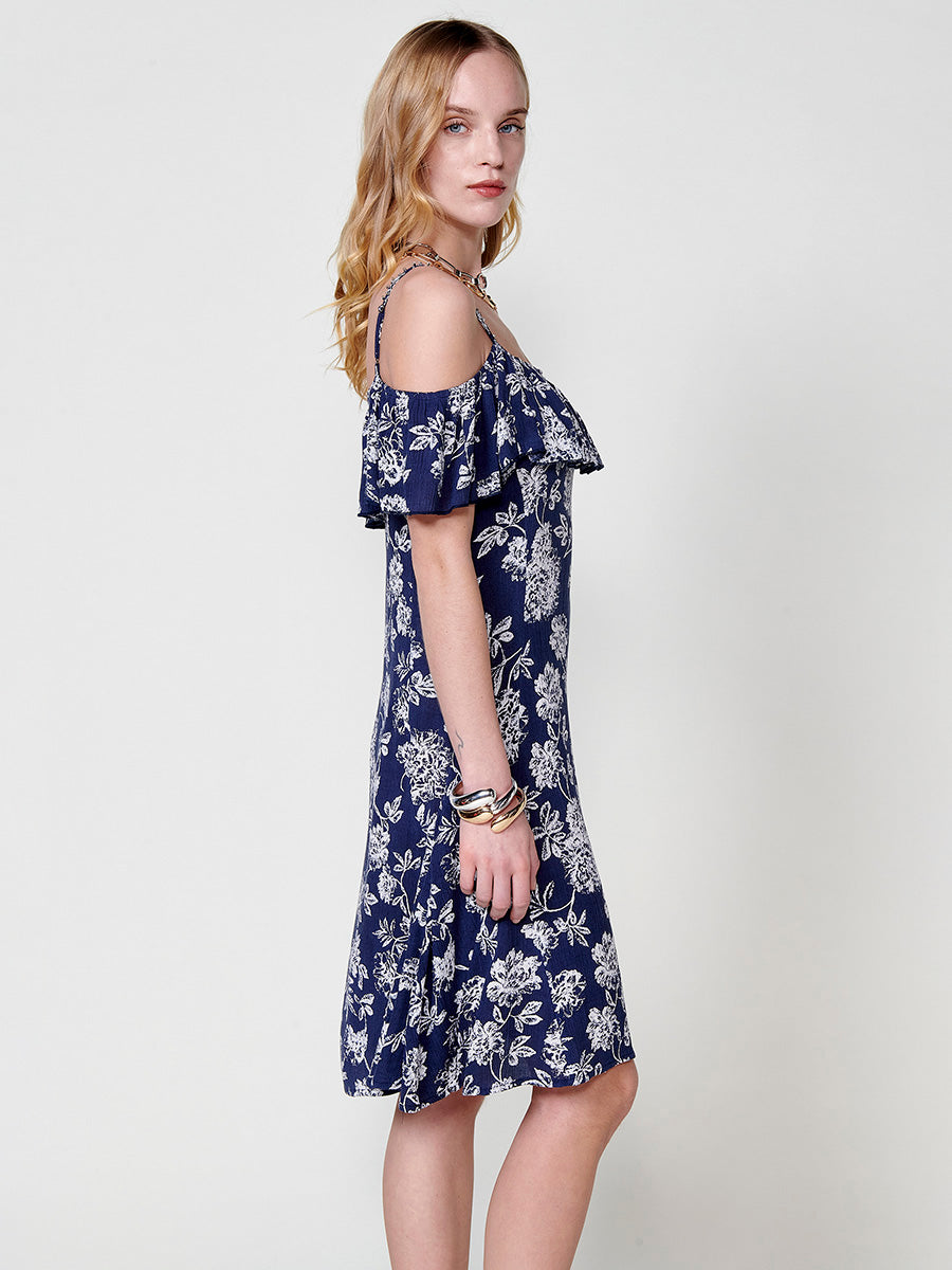 Vestido Mujer corto de viscosa estampado floral con volante – Koroshi azul marino