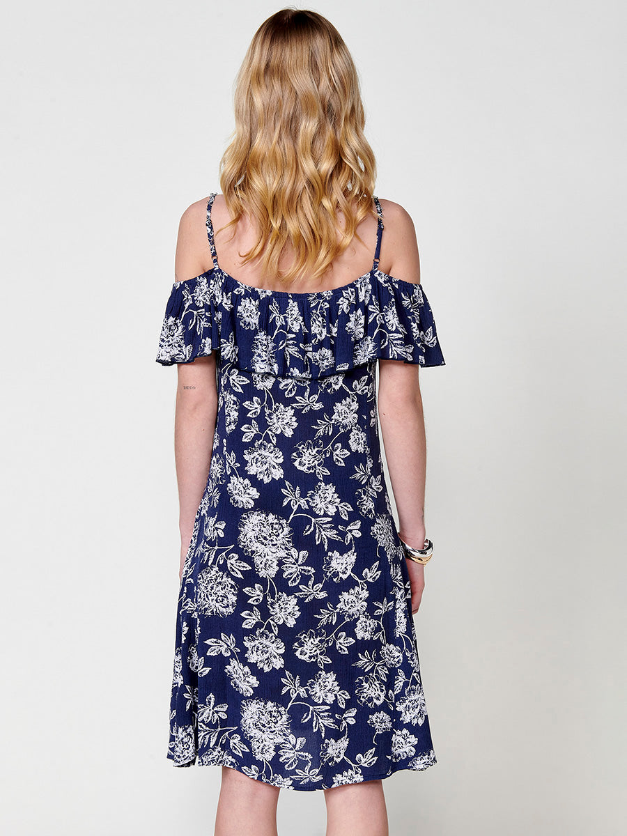 Vestido Mujer corto de viscosa estampado floral con volante – Koroshi azul marino