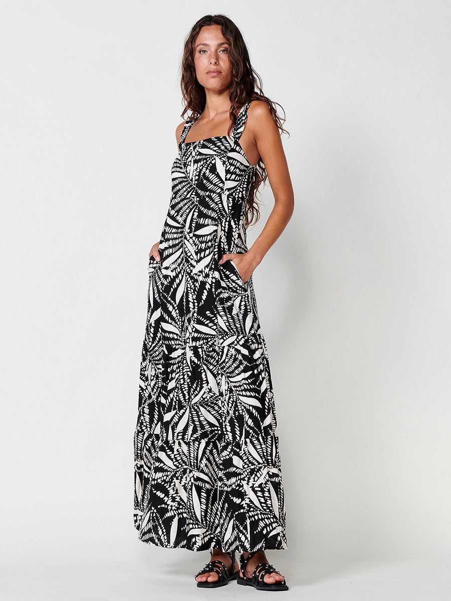 Vestido Mujer largo estampado tropical con tirantes – Koroshi negro