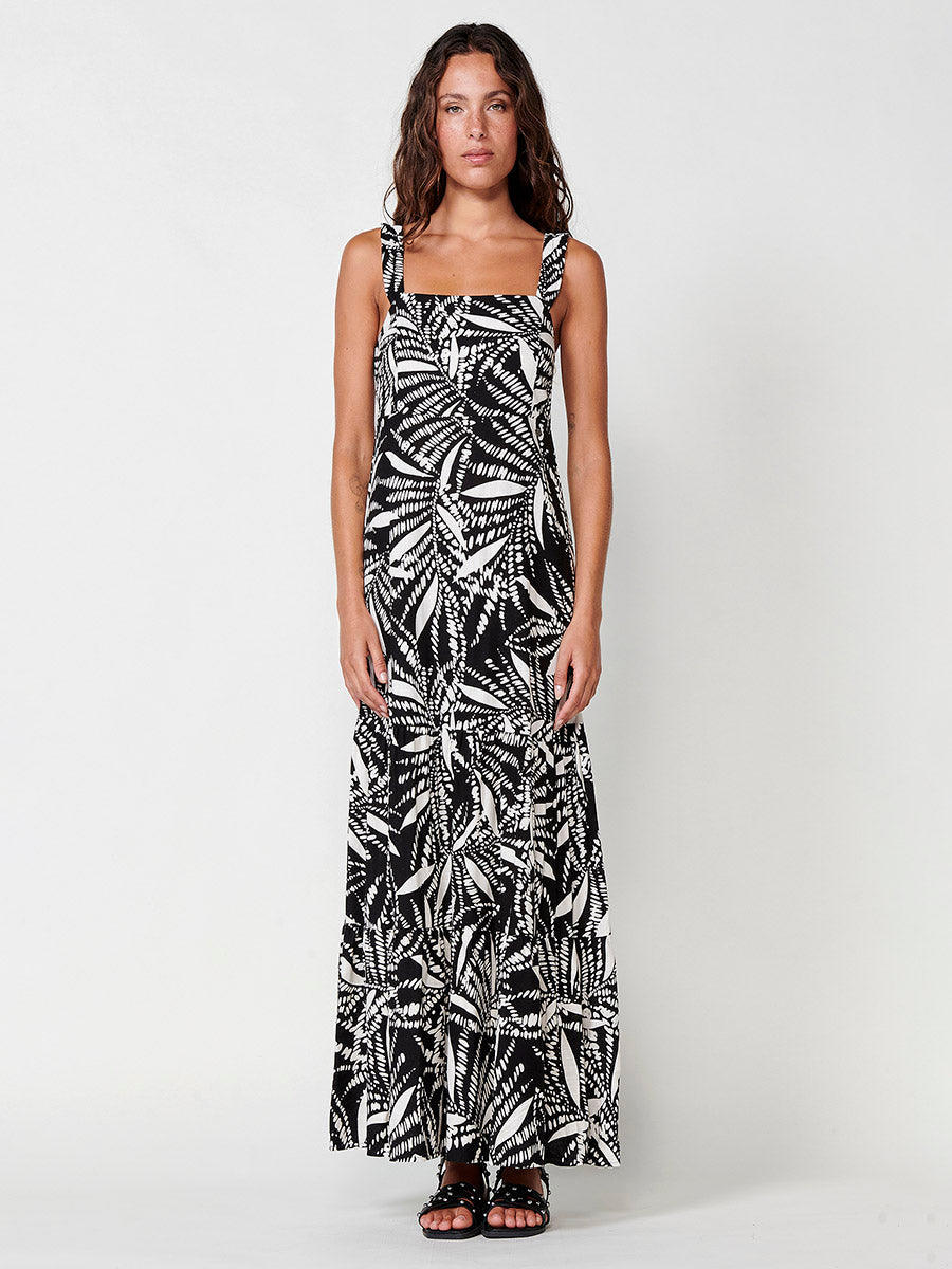 Vestido Mujer largo estampado tropical con tirantes – Koroshi negro