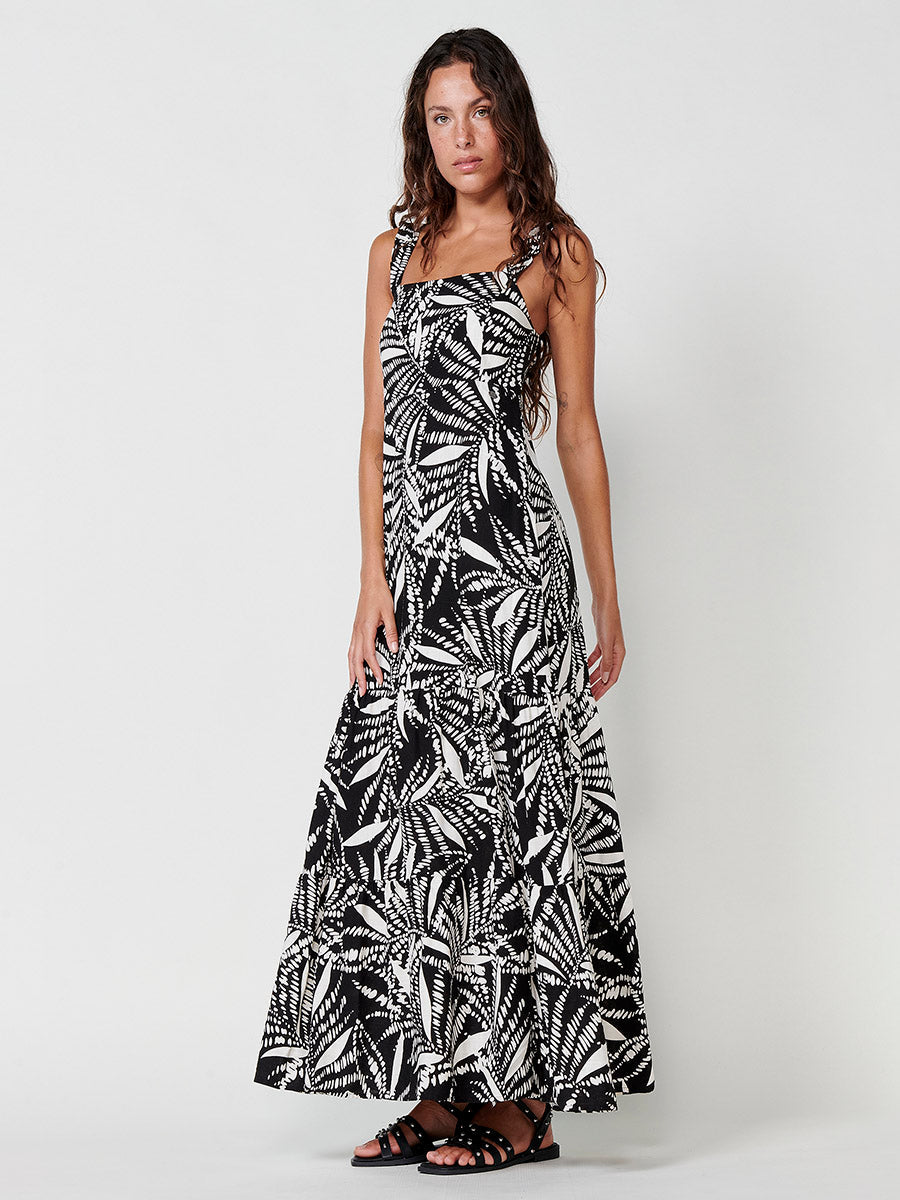 Vestido Mujer largo estampado tropical con tirantes – Koroshi negro