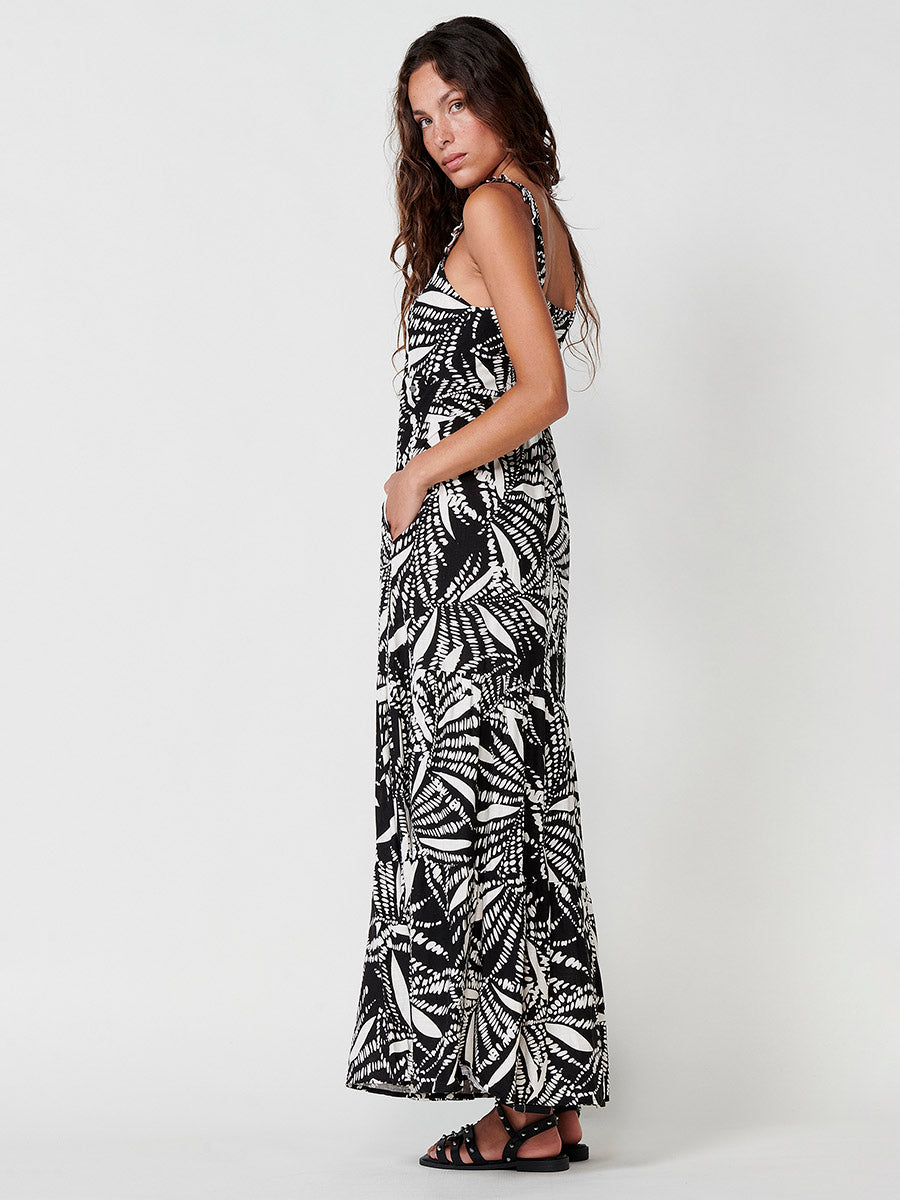 Vestido Mujer largo estampado tropical con tirantes – Koroshi negro