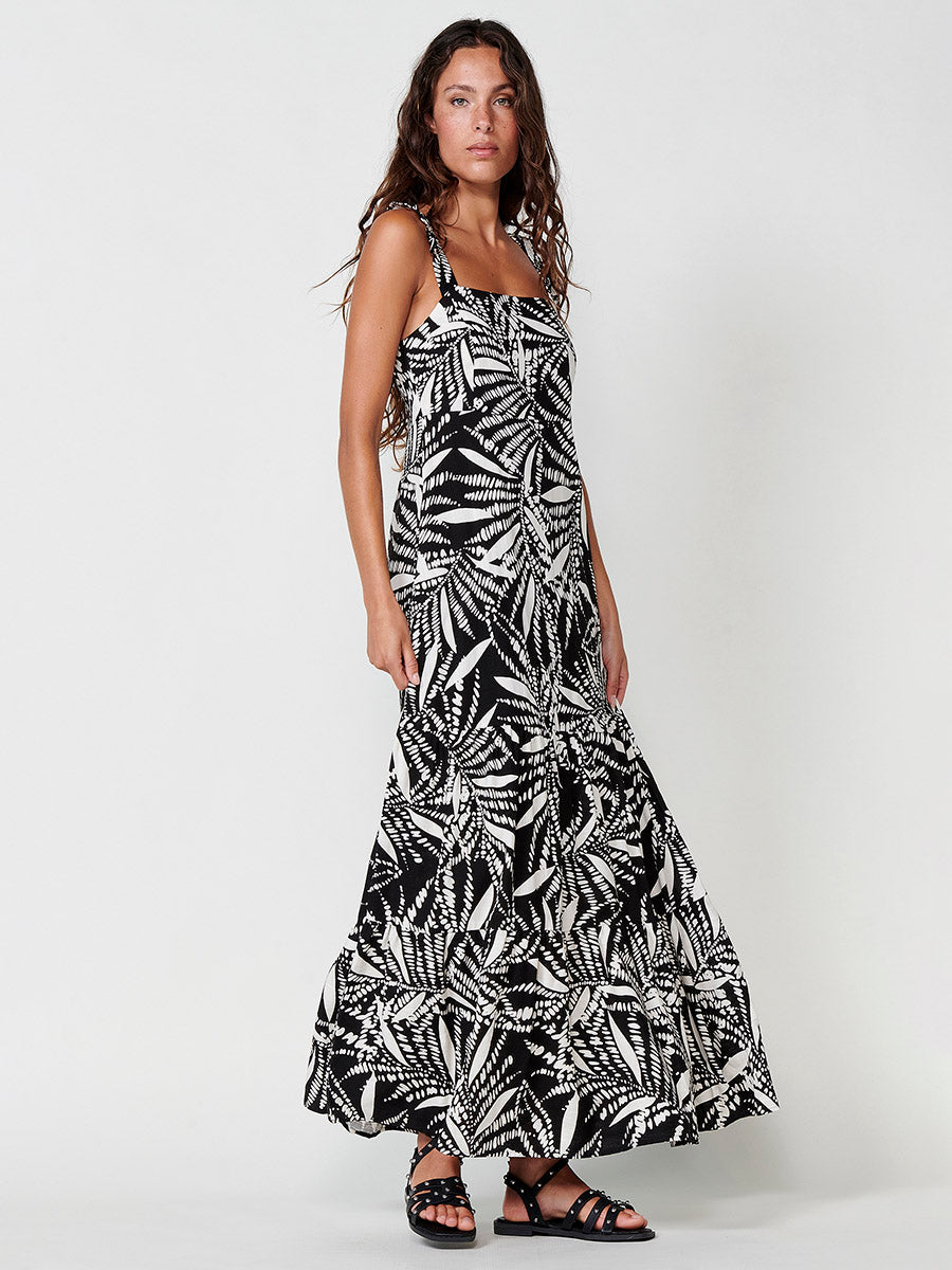 Vestido Mujer largo estampado tropical con tirantes – Koroshi negro