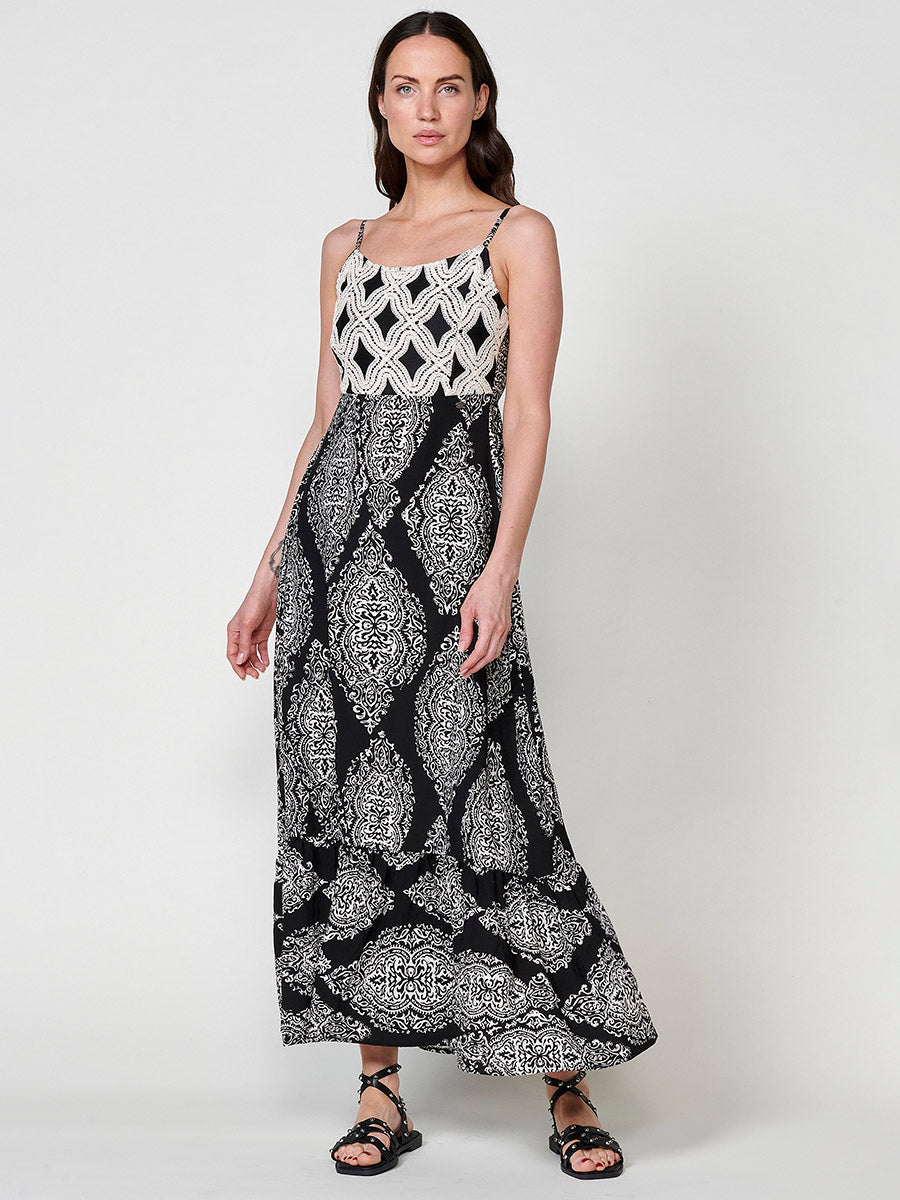 Vestido Mujer largo estampado damasco con tirantes – Koroshi negro