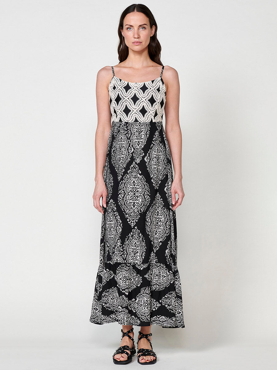 Vestido Mujer largo estampado damasco con tirantes – Koroshi negro
