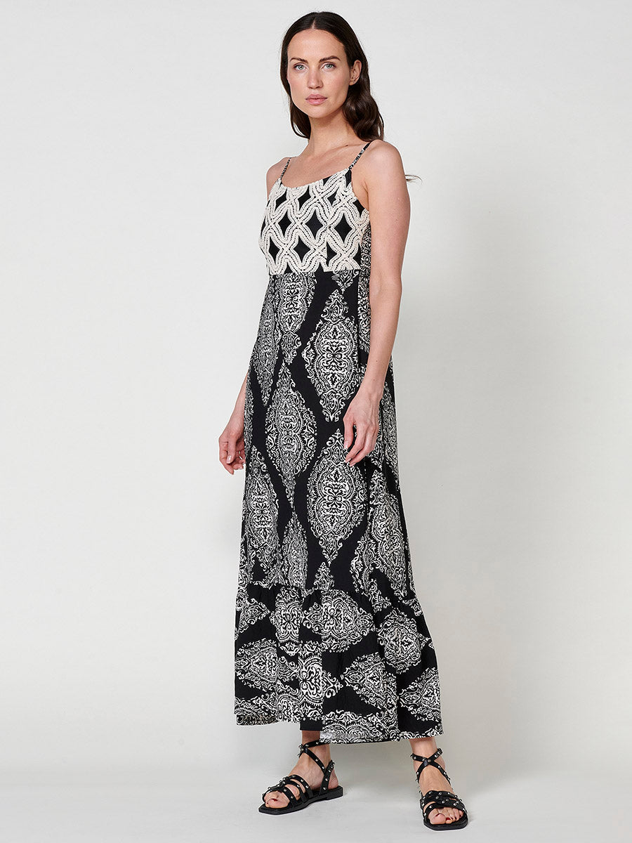 Vestido Mujer largo estampado damasco con tirantes – Koroshi negro