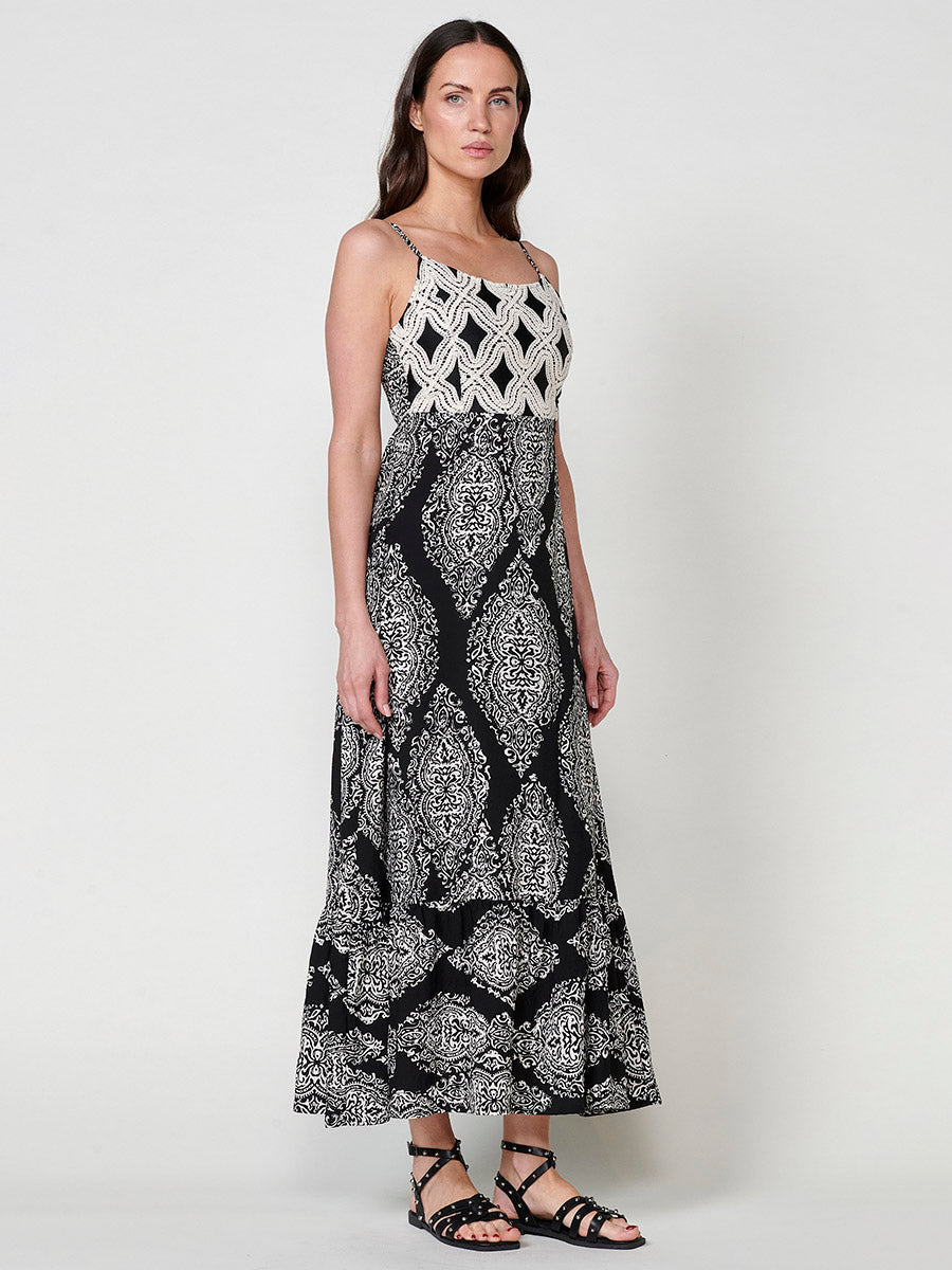 Vestido Mujer largo estampado damasco con tirantes – Koroshi negro