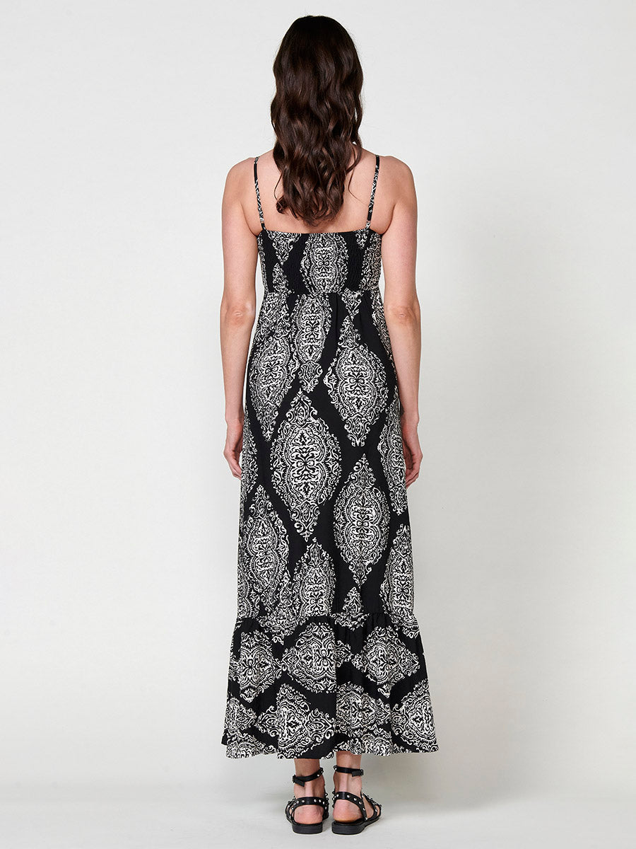 Vestido Mujer largo estampado damasco con tirantes – Koroshi negro