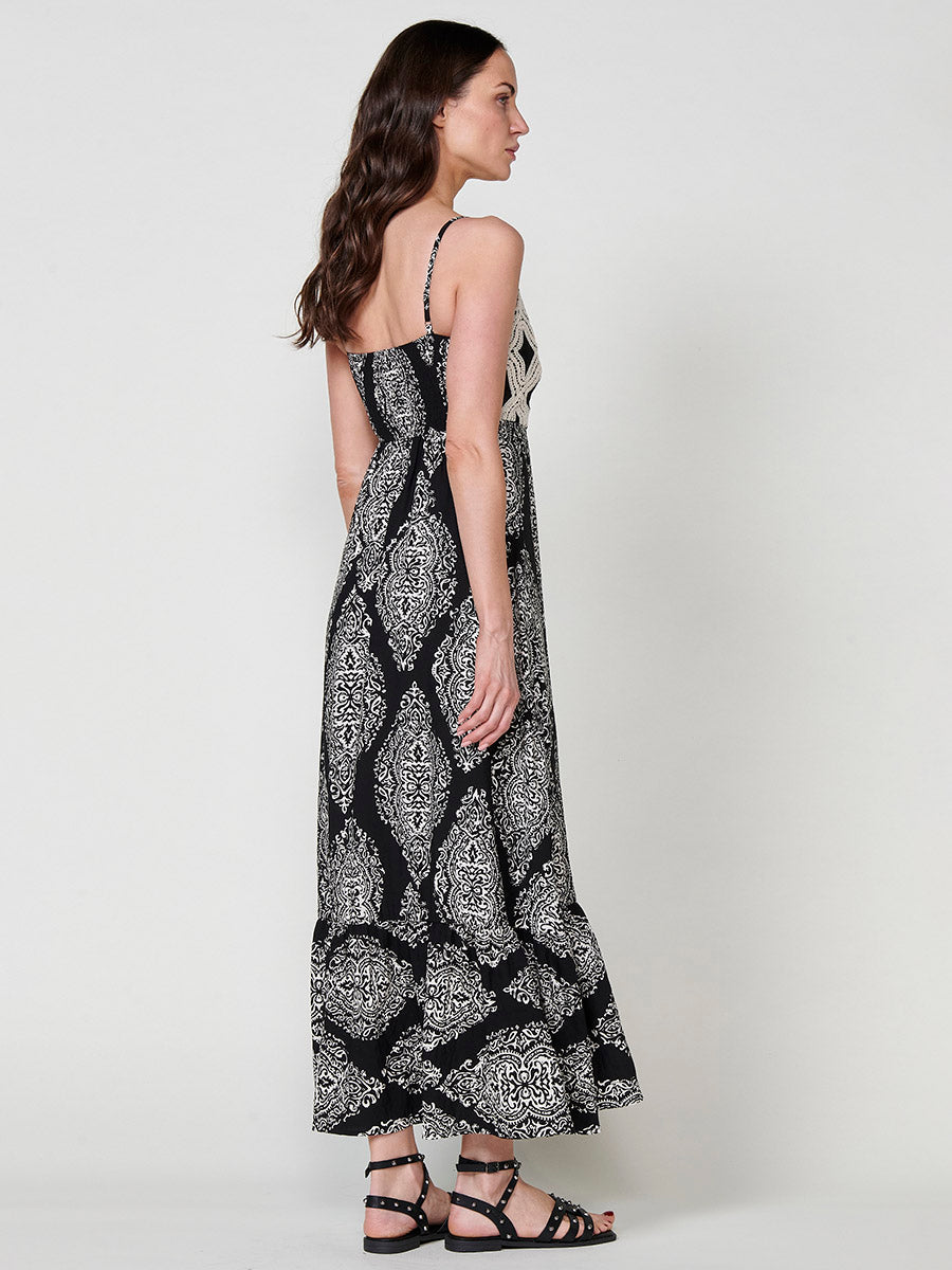 Vestido Mujer largo estampado damasco con tirantes – Koroshi negro