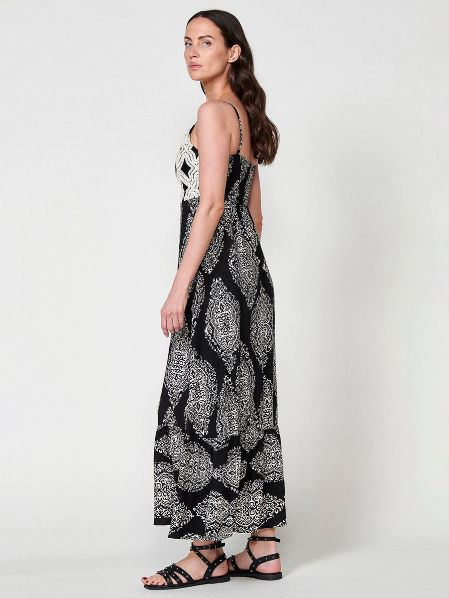 Vestido Mujer largo estampado damasco con tirantes – Koroshi negro