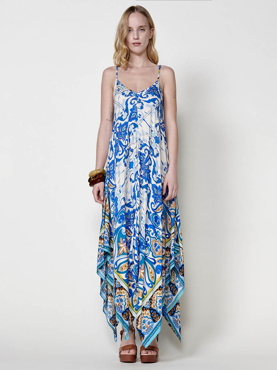 Vestido Mujer largo de viscosa estampado con bajo en picos – Koroshi 2512VS89