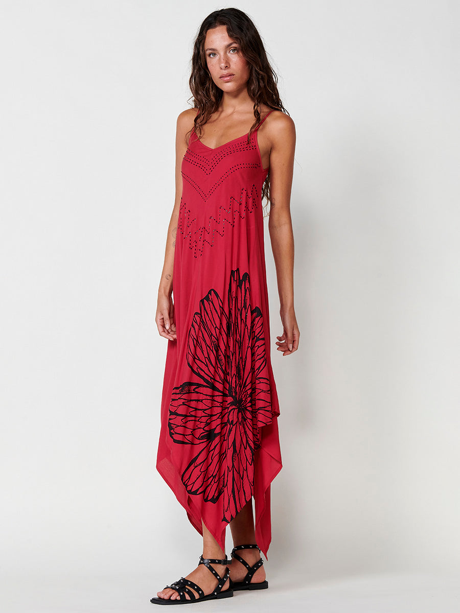 Vestido Mujer largo de viscosa con bajo en picos – Koroshi rojo