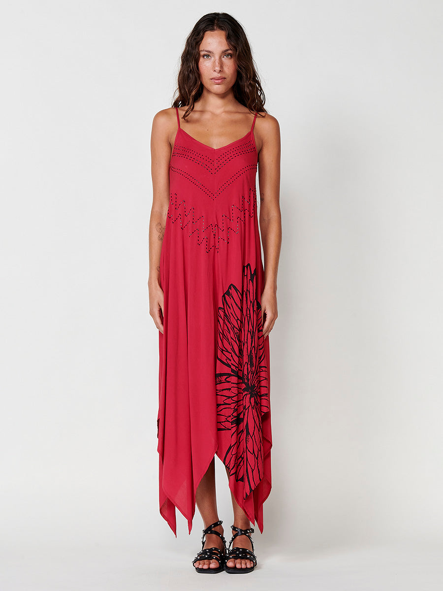 Vestido Mujer largo de viscosa con bajo en picos – Koroshi rojo