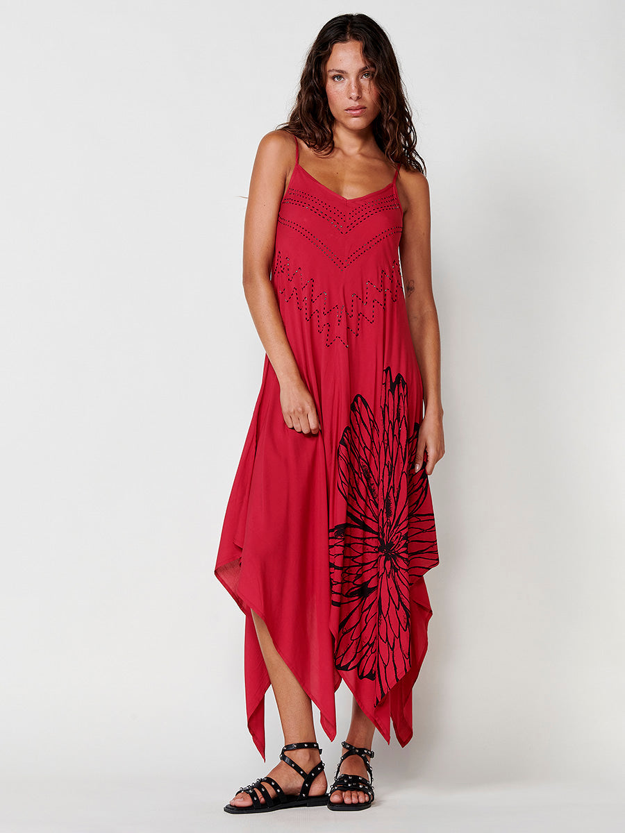 Vestido Mujer largo de viscosa con bajo en picos – Koroshi rojo