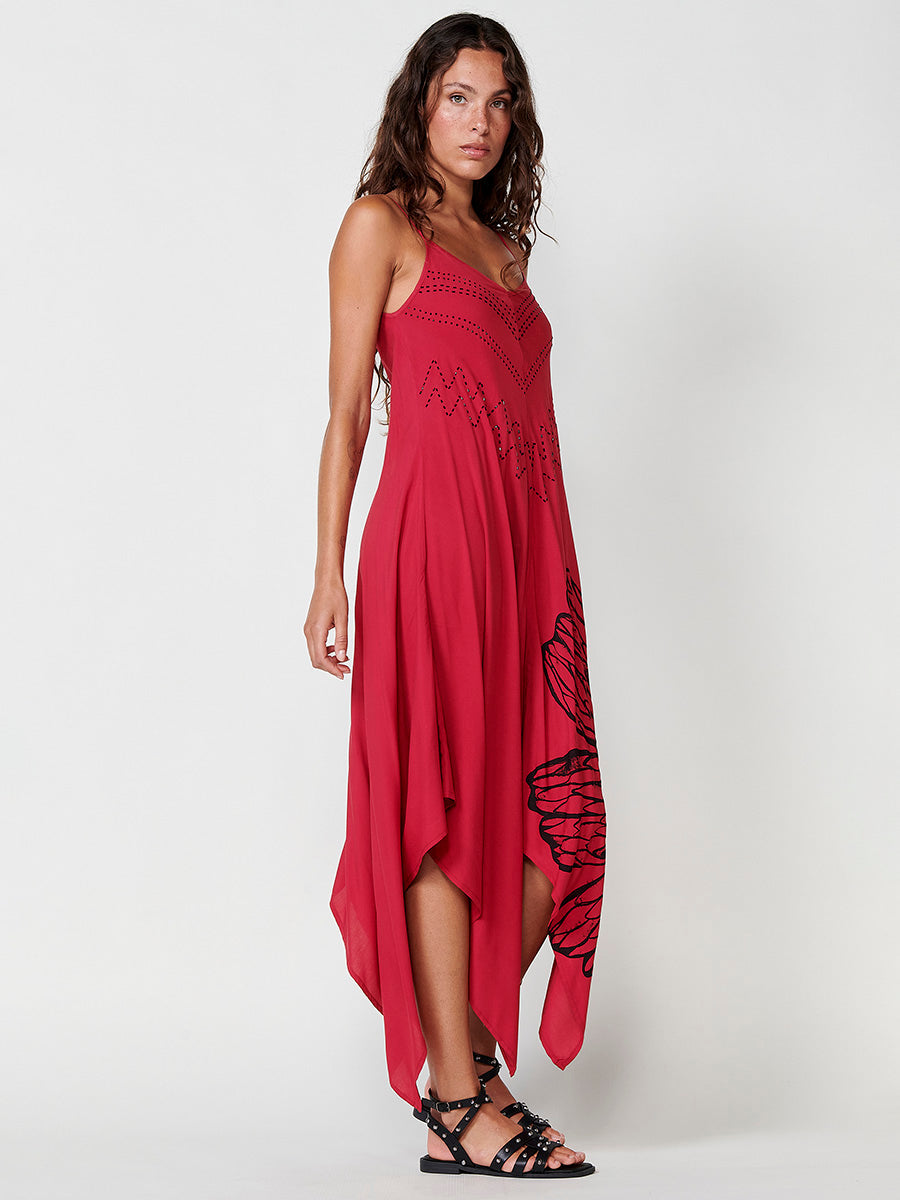 Vestido Mujer largo de viscosa con bajo en picos – Koroshi rojo