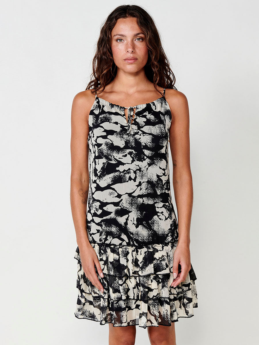 Vestido Mujer corto de gasa con cuello halter estampado abstracto – Koroshi negro