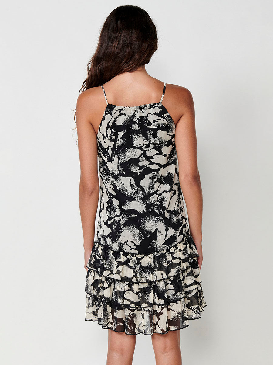 Vestido Mujer corto de gasa con cuello halter estampado abstracto – Koroshi negro