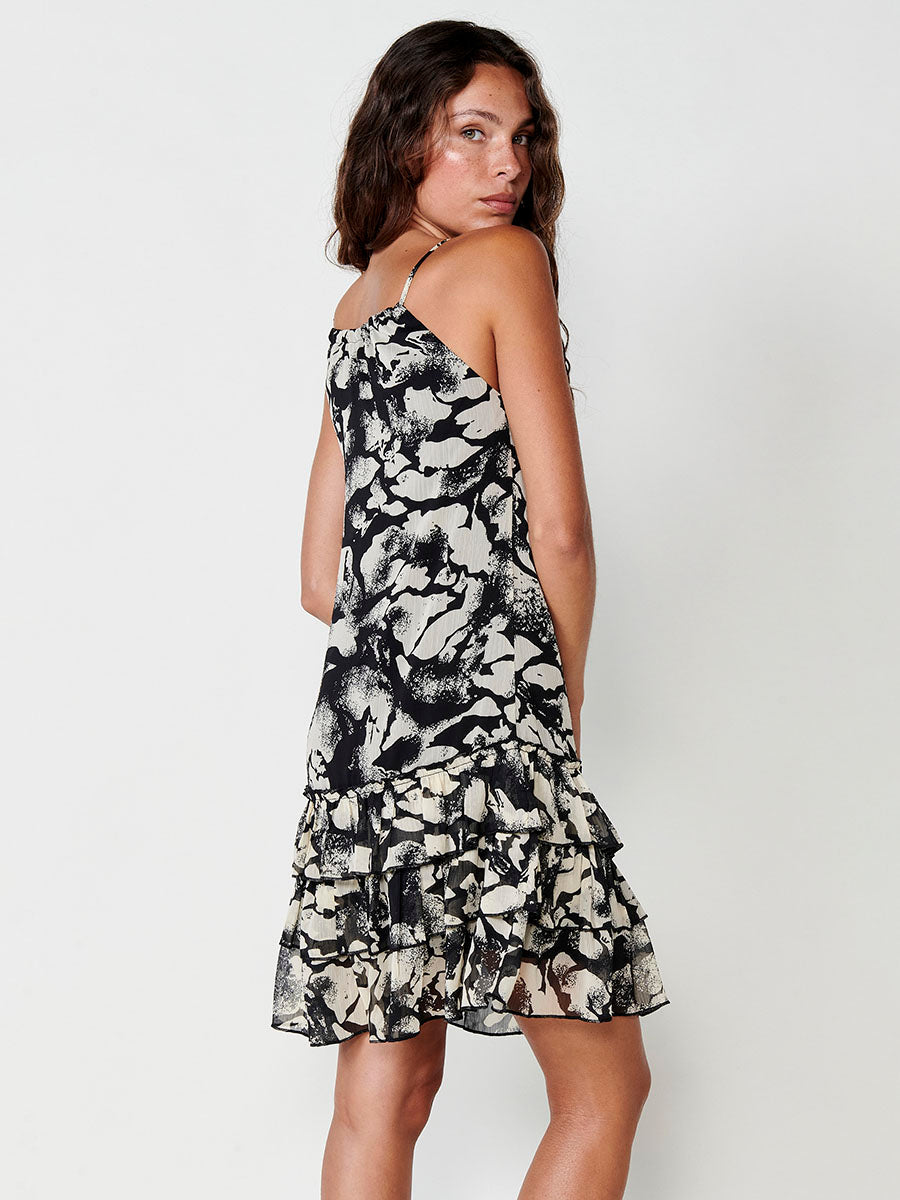 Vestido Mujer corto de gasa con cuello halter estampado abstracto – Koroshi negro