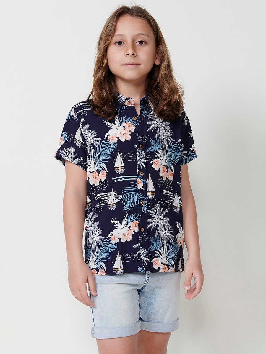 Camisa Niño Manga Corta Tropical Viscosa – Koroshi Navy