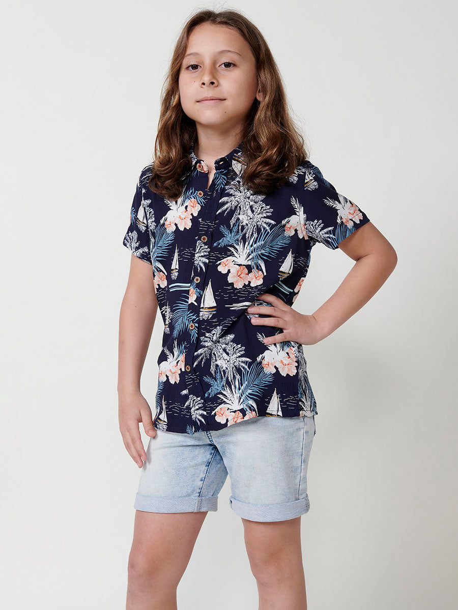 Camisa Niño Manga Corta Tropical Viscosa – Koroshi Navy
