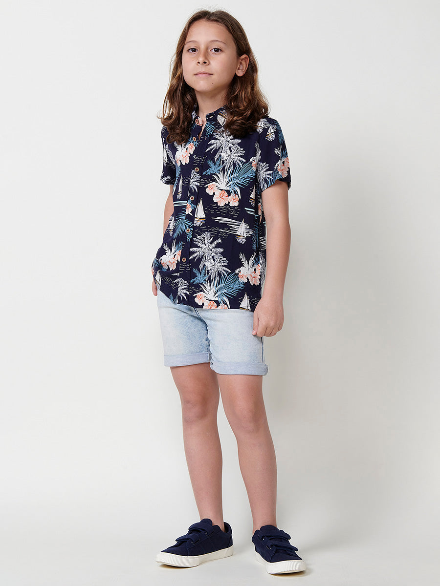 Camisa Niño Manga Corta Tropical Viscosa – Koroshi Navy