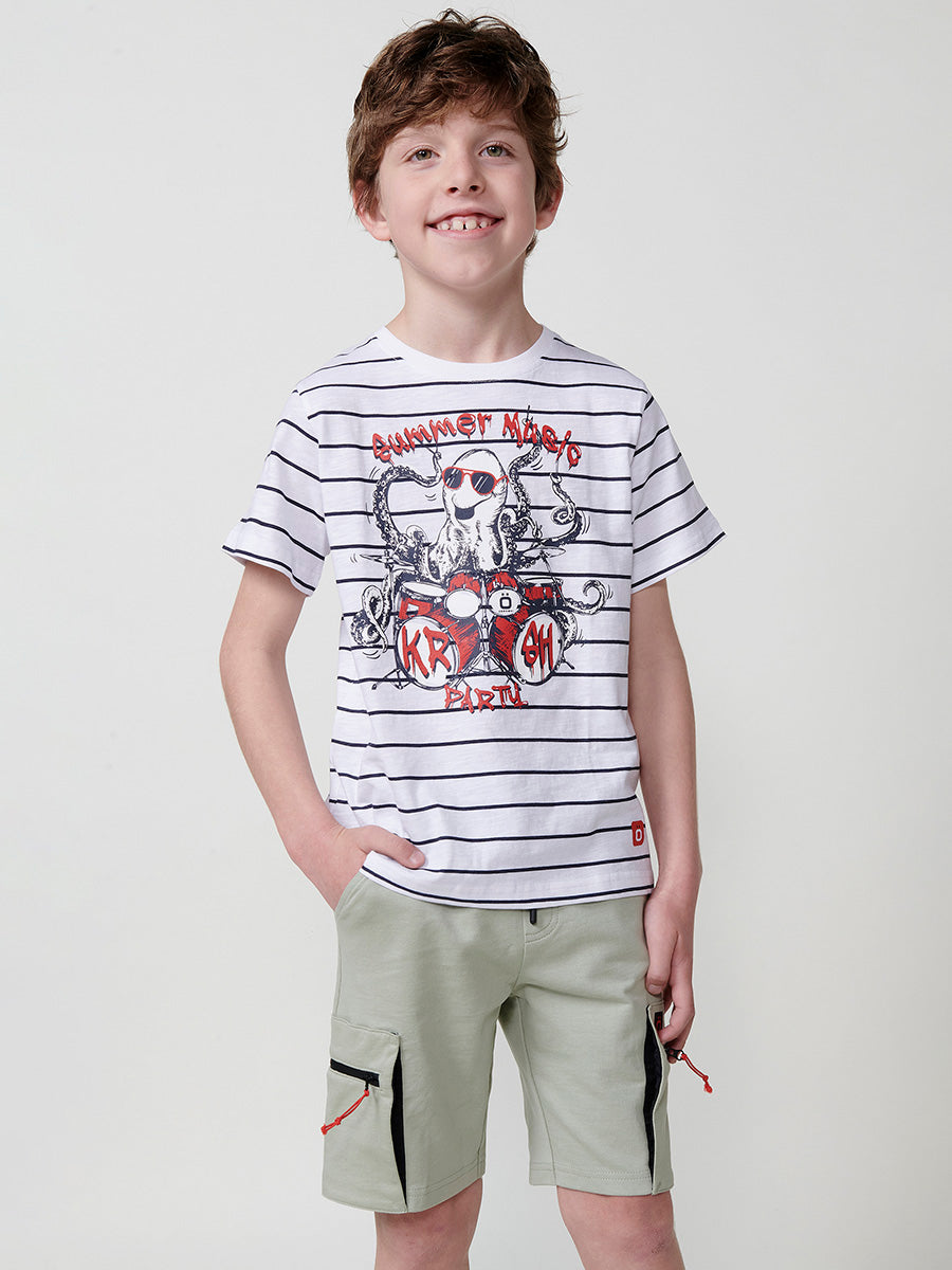 Camiseta Niño Manga Corta Rayas Pulpo – Koroshi Blanco