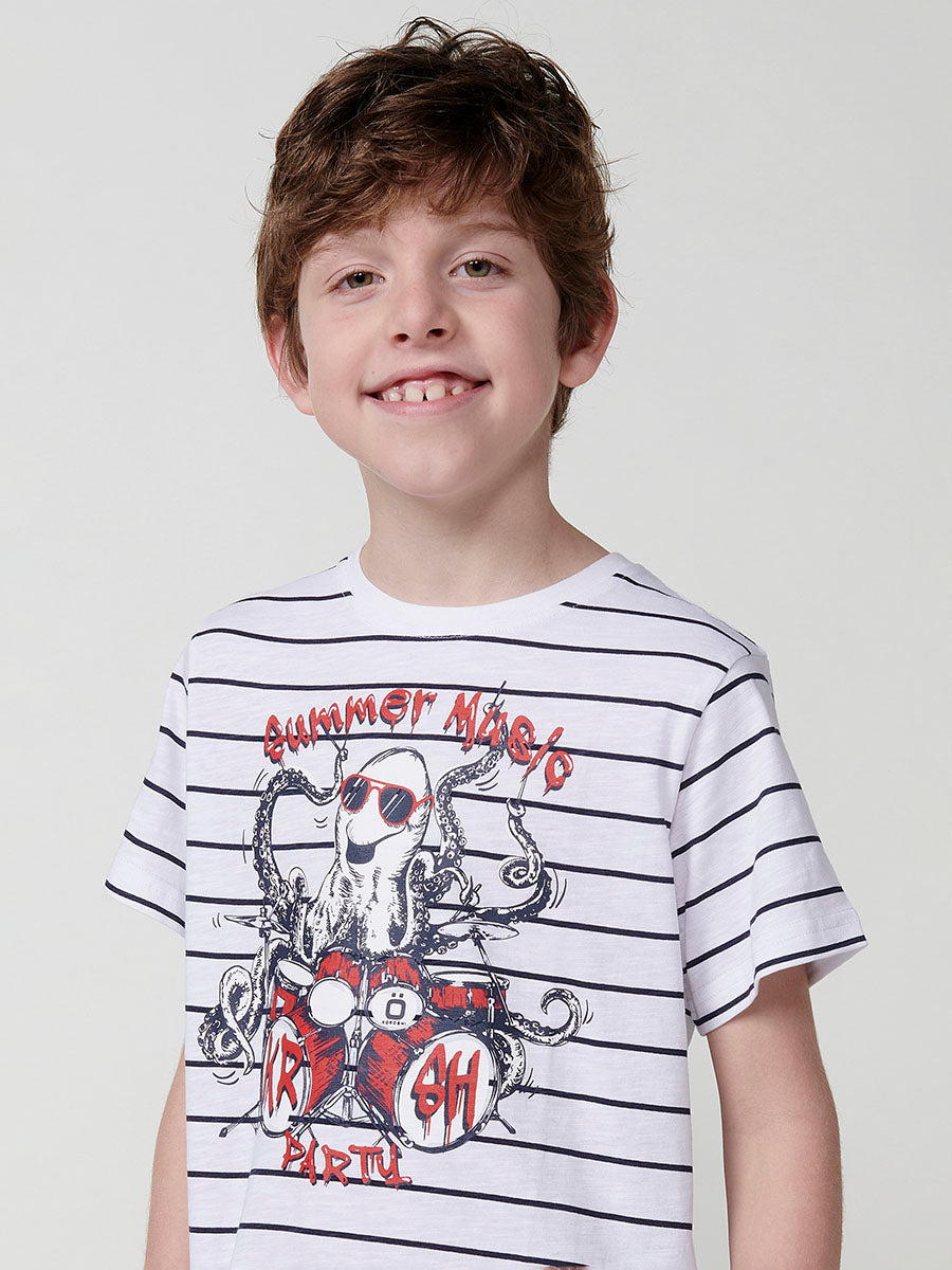 Camiseta Niño Manga Corta Rayas Pulpo – Koroshi Blanco