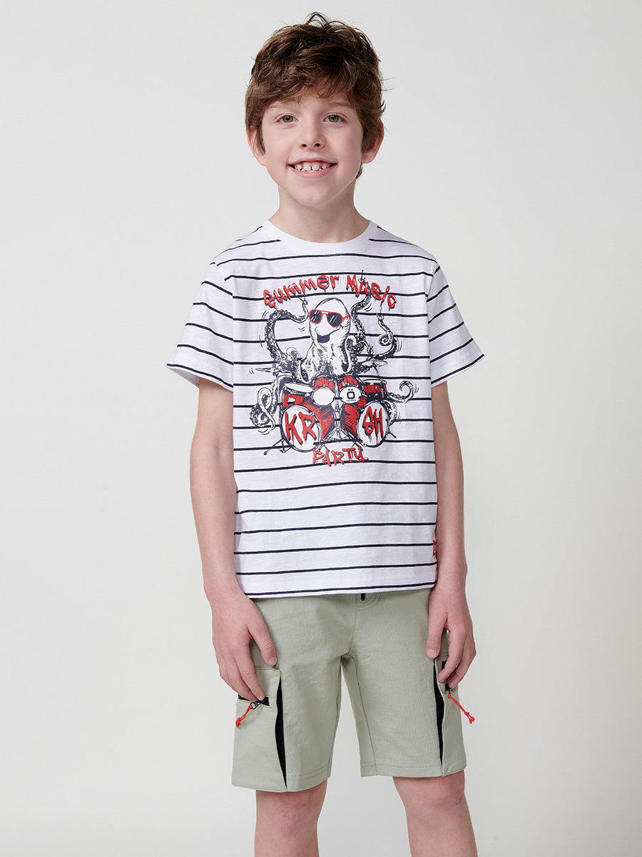 Camiseta Niño Manga Corta Rayas Pulpo – Koroshi Blanco