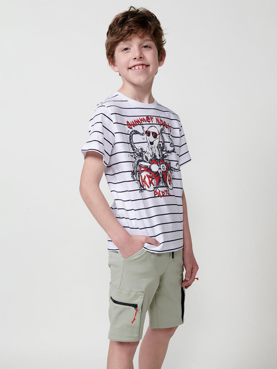 Camiseta Niño Manga Corta Rayas Pulpo – Koroshi Blanco