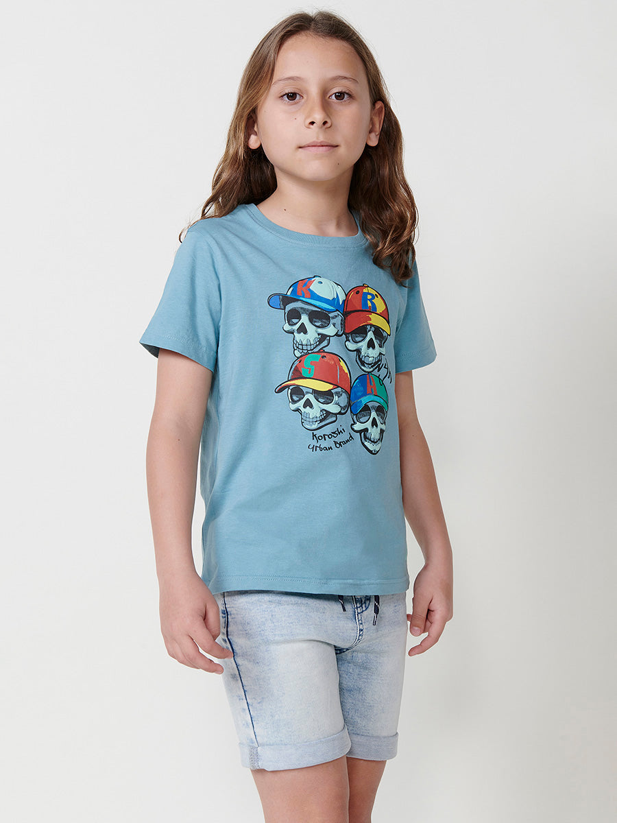 Camiseta Niño Manga Corta Calaveras Relieve – Koroshi Verde