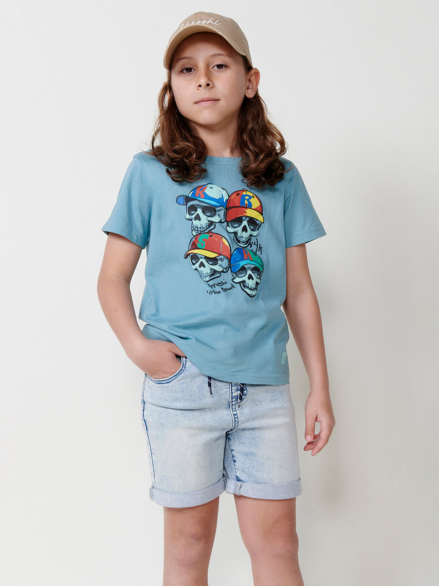 Camiseta Niño Manga Corta Calaveras Relieve – Koroshi Verde