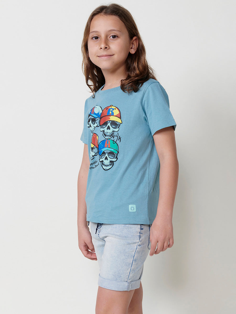 Camiseta Niño Manga Corta Calaveras Relieve – Koroshi Verde